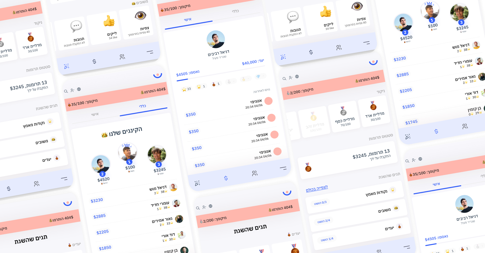 Nemlissa mobile screens with achievements, fundraising activity and rankings