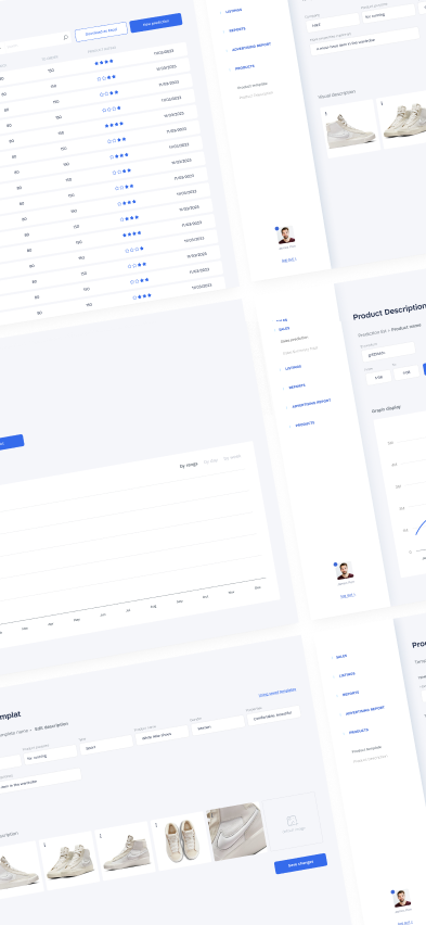 Seller Platform screens showing product management, reports and sales forecasting