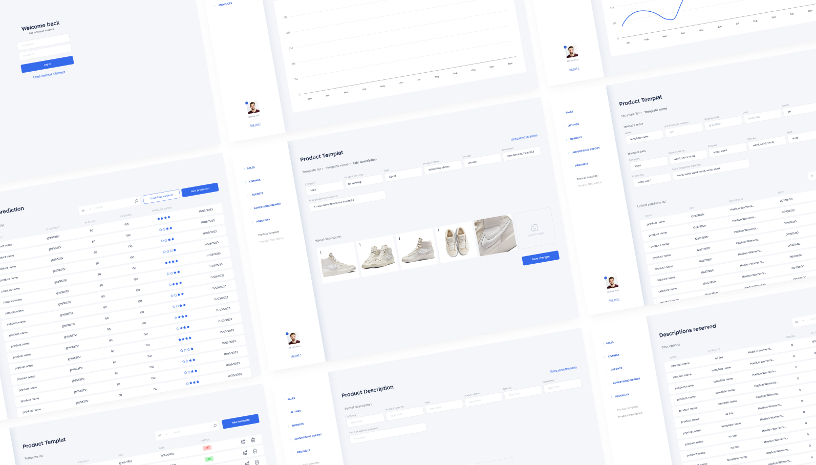 Seller Platform screens showing product management, reports and sales forecasting