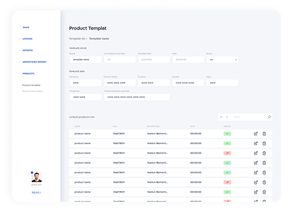 Product template editing screen